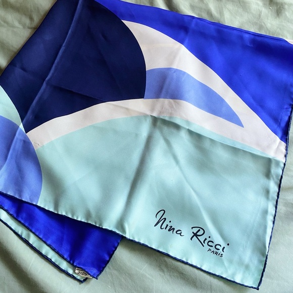 Vintage NINA RICCI PARIS Silk Scarf Square Blue White Rolled Hem Abstract Circle - Picture 1 of 7